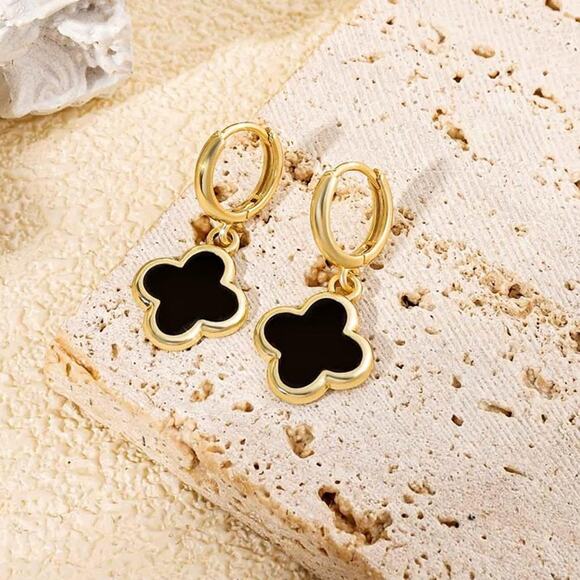 Four Leaf Clover Earrings Hoop Dangle 14K Gold Clover Earrings Non Tarnish Black - Picture 10 of 11